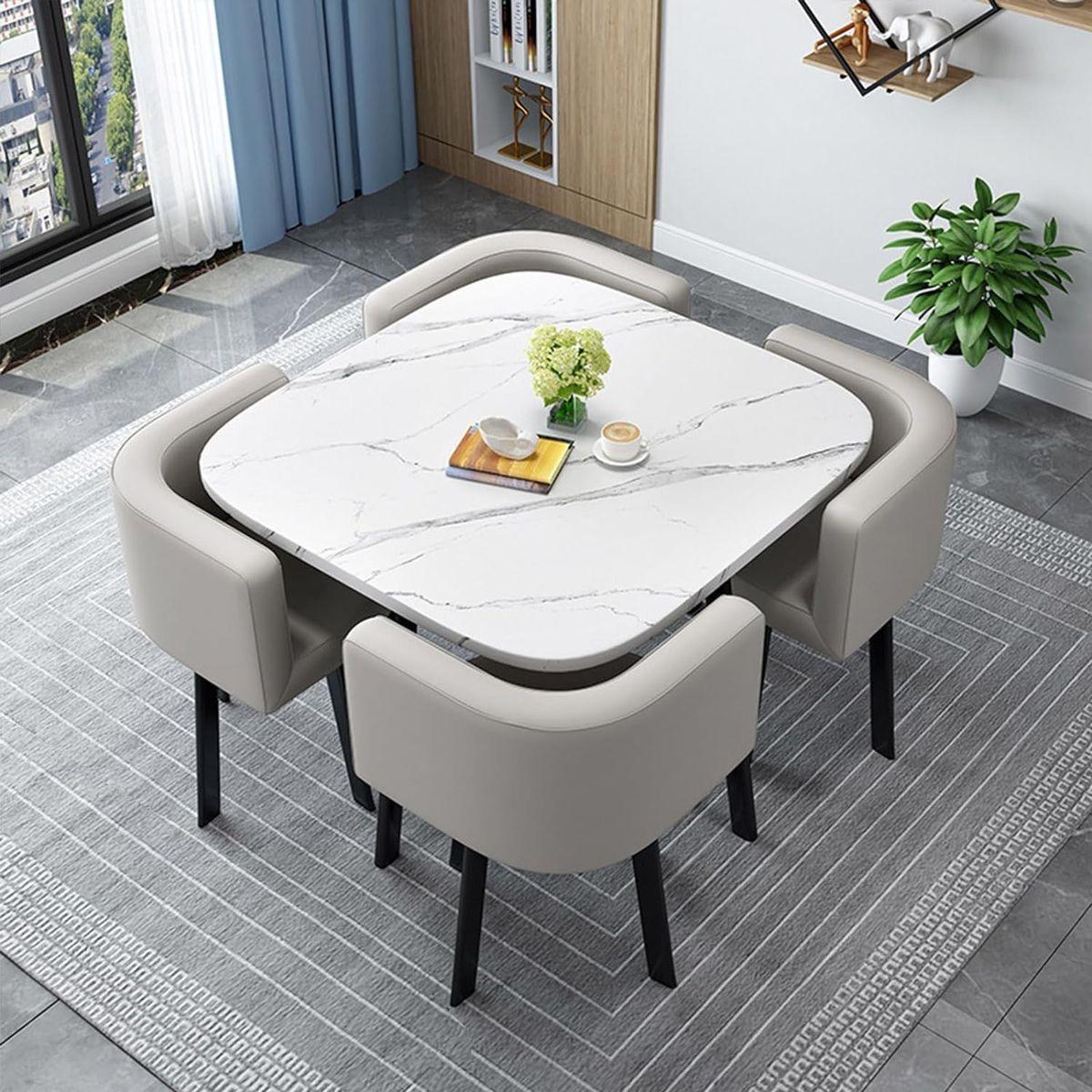 Comedor cuadrado blanco piedra sintetizada 4 sillas 80cm* 80cm* 75cm